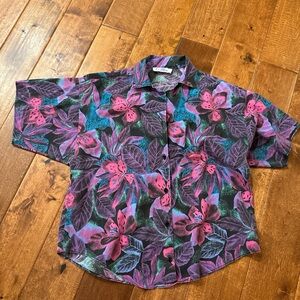Vintage Short-Sleeve Floral Button-Up Blouse - Pink & Teal